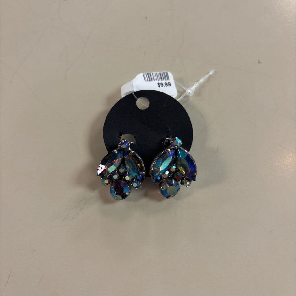 Vintage Blue Iridescent Stone Cluster Clip On Earrings