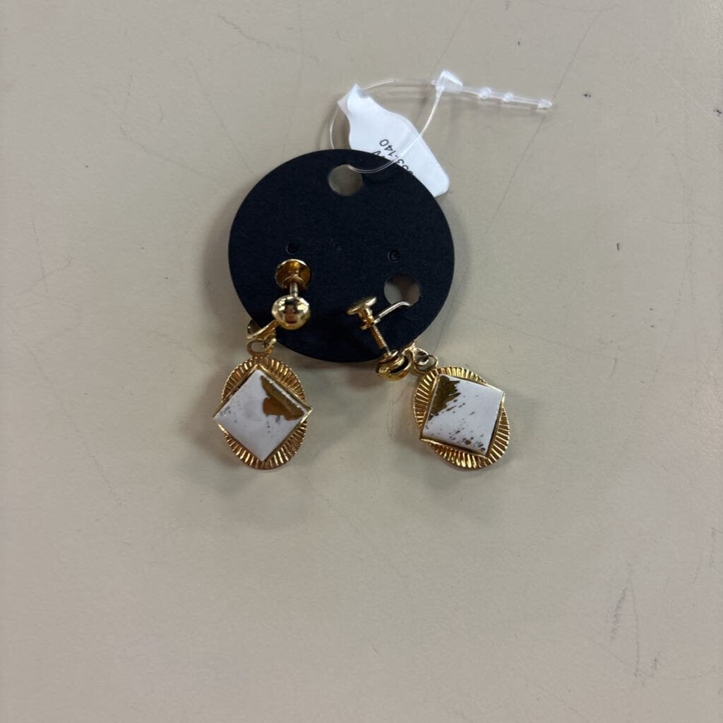 Vintage Gold/ White Stone Drop Screw Back Earrings