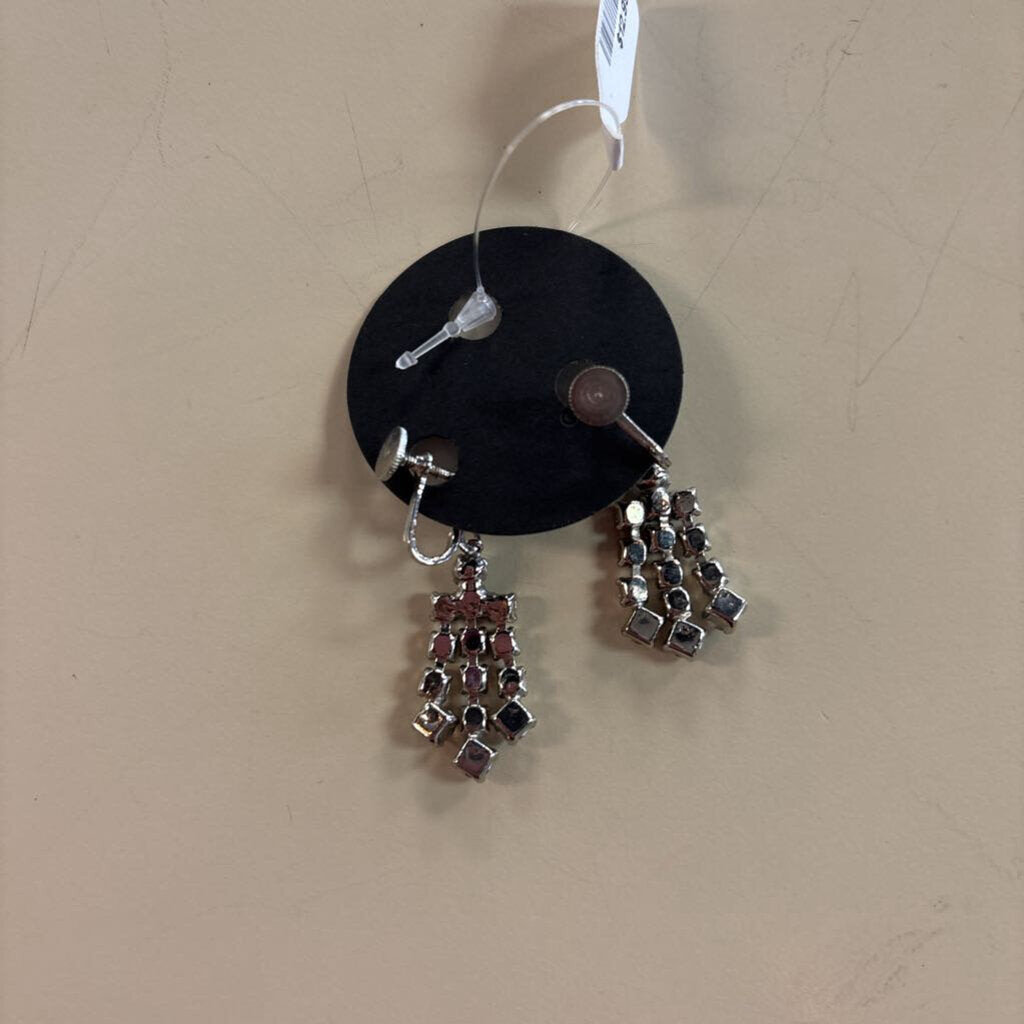 Vintage Silver/ Rhinestone Drop Screw Back Earrings
