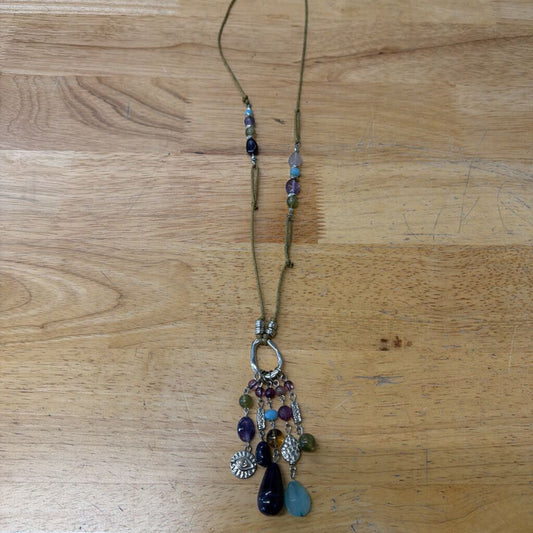 Brown String/ Multi Color Beaded Tassel Long Necklace