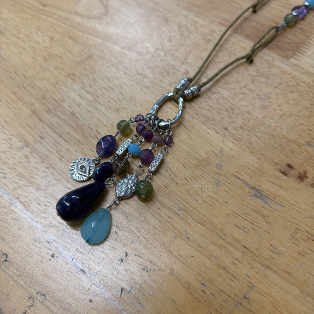 Brown String/ Multi Color Beaded Tassel Long Necklace