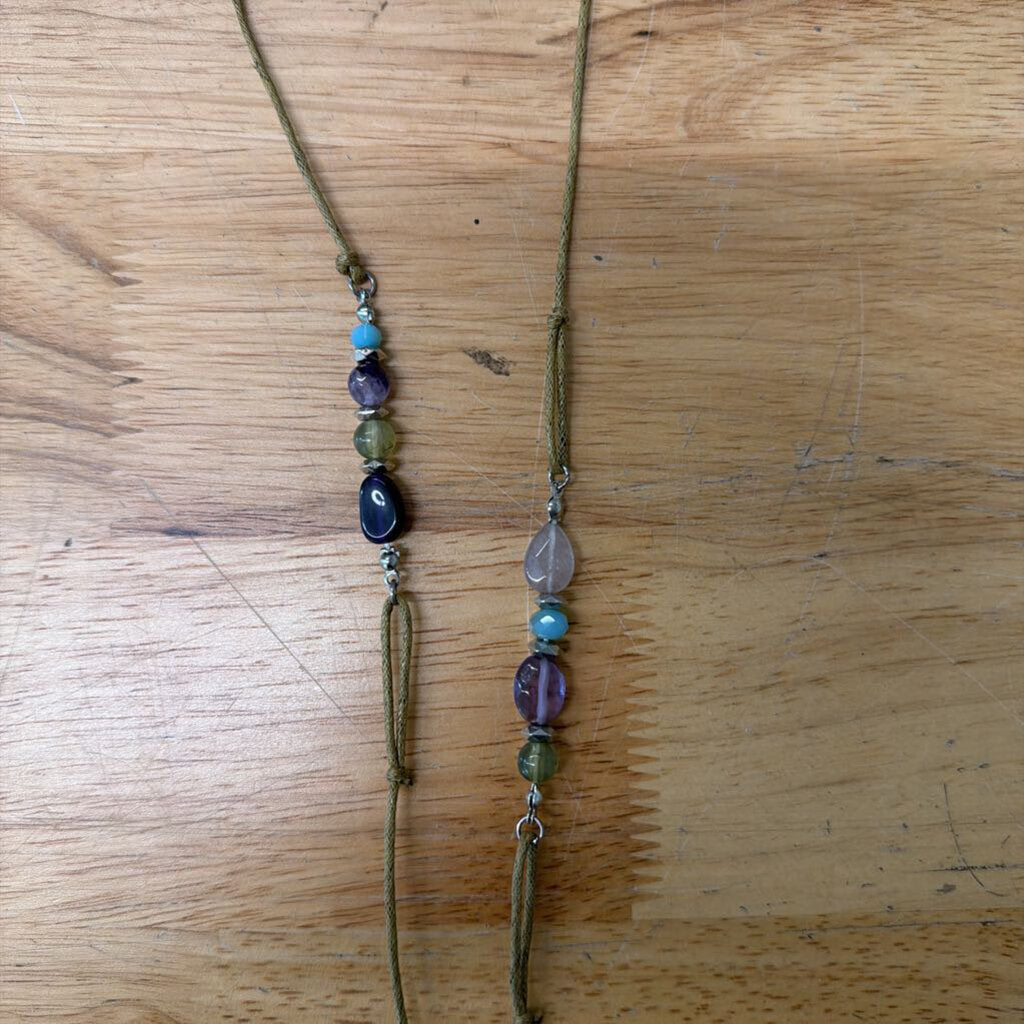 Brown String/ Multi Color Beaded Tassel Long Necklace