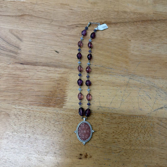 Silver/ Pink Beaded Drop Pendant Necklace