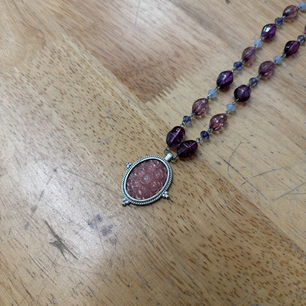 Silver/ Pink Beaded Drop Pendant Necklace
