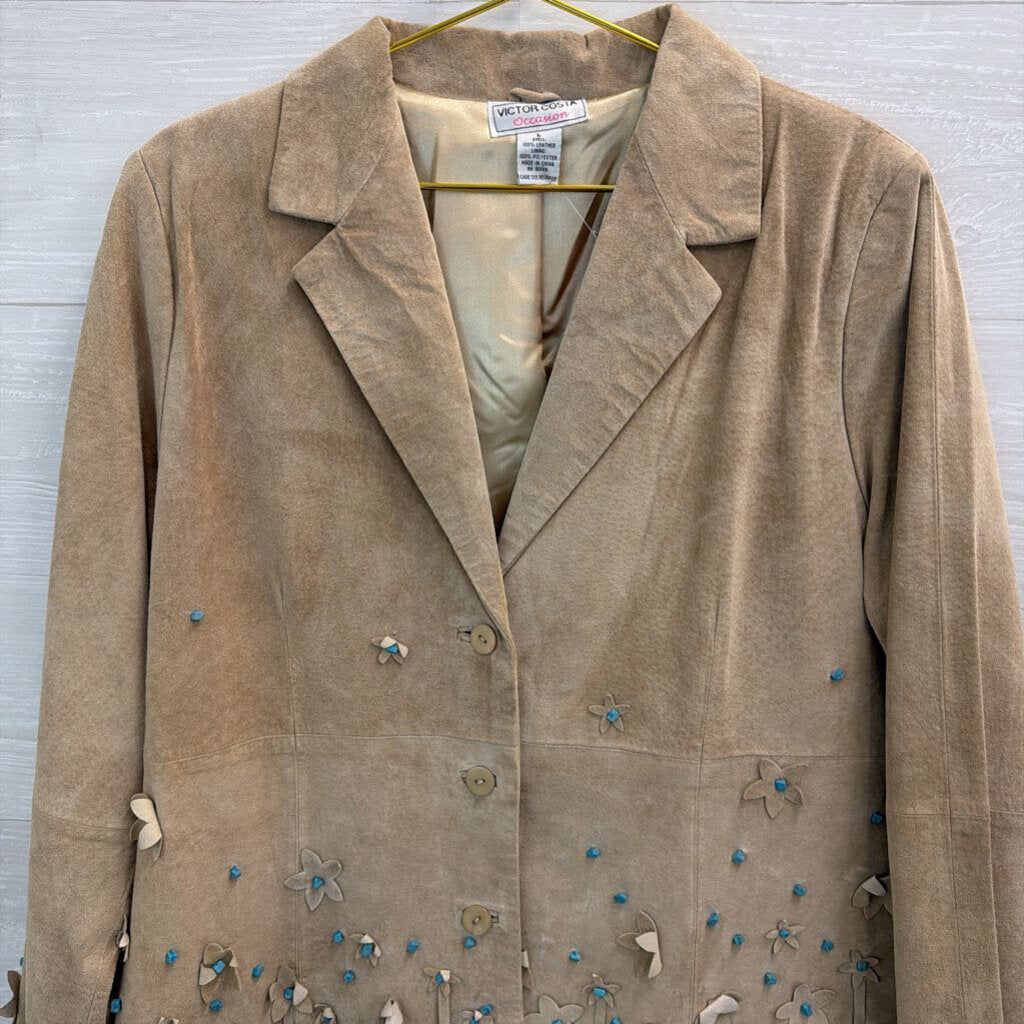 Victor Costa Occasion Brown Suede Leather Turquoise Beaded Fringe Jacket Large