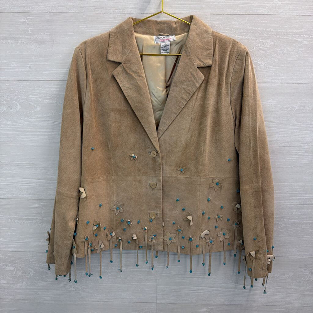 Victor Costa Occasion Brown Suede Leather Turquoise Beaded Fringe Jacket Large