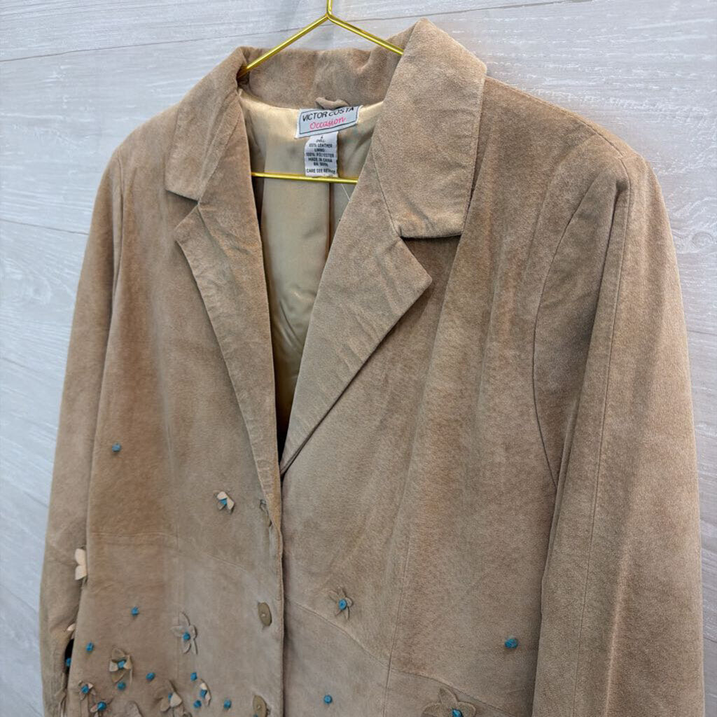 Victor Costa Occasion Brown Suede Leather Turquoise Beaded Fringe Jacket Large