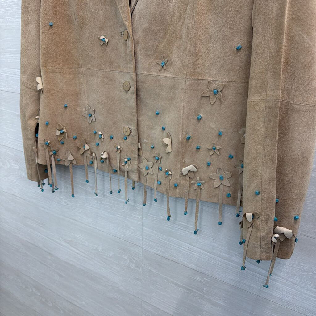 Victor Costa Occasion Brown Suede Leather Turquoise Beaded Fringe Jacket Large