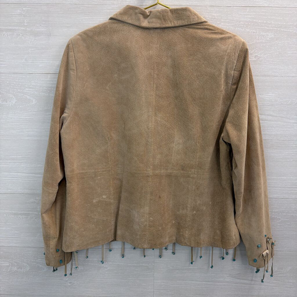 Victor Costa Occasion Brown Suede Leather Turquoise Beaded Fringe Jacket Large