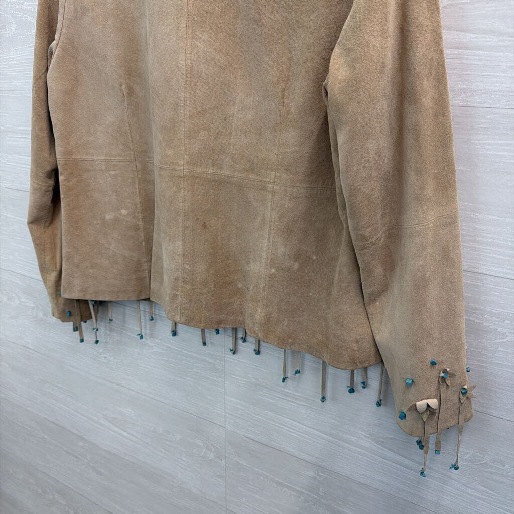 Victor Costa Occasion Brown Suede Leather Turquoise Beaded Fringe Jacket Large