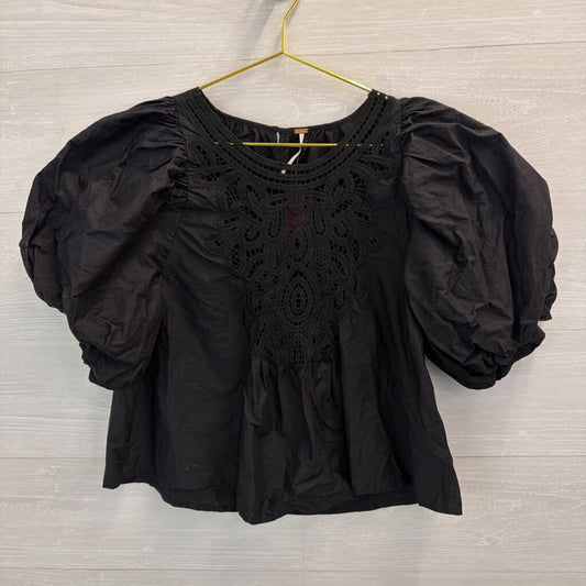 Free People Black Short Puff Sleeve Lace Detail Top Small