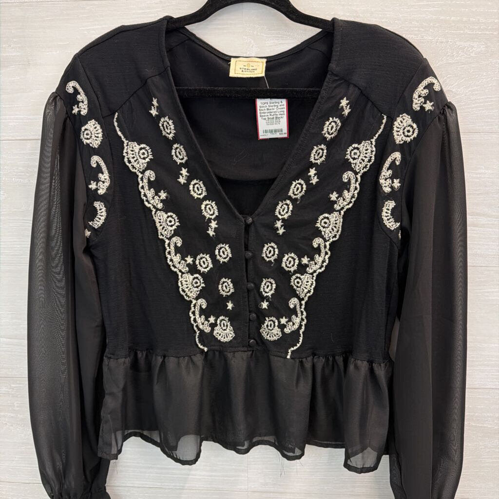 Sterling and Stich Black/ Cream Embroidered Long Sleeve Ruffle Hem Top Small