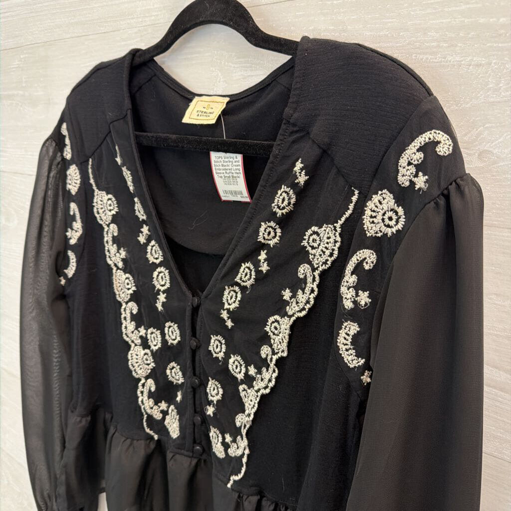 Sterling and Stich Black/ Cream Embroidered Long Sleeve Ruffle Hem Top Small