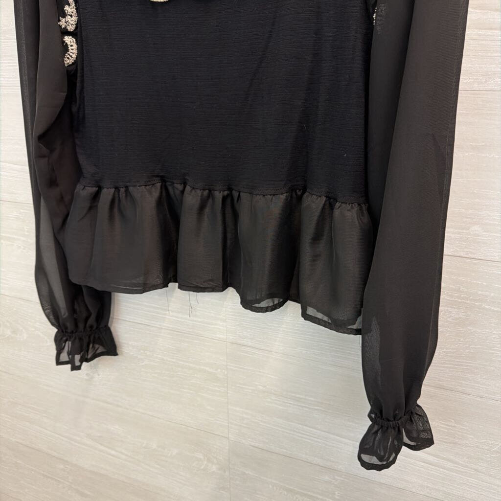 Sterling and Stich Black/ Cream Embroidered Long Sleeve Ruffle Hem Top Small