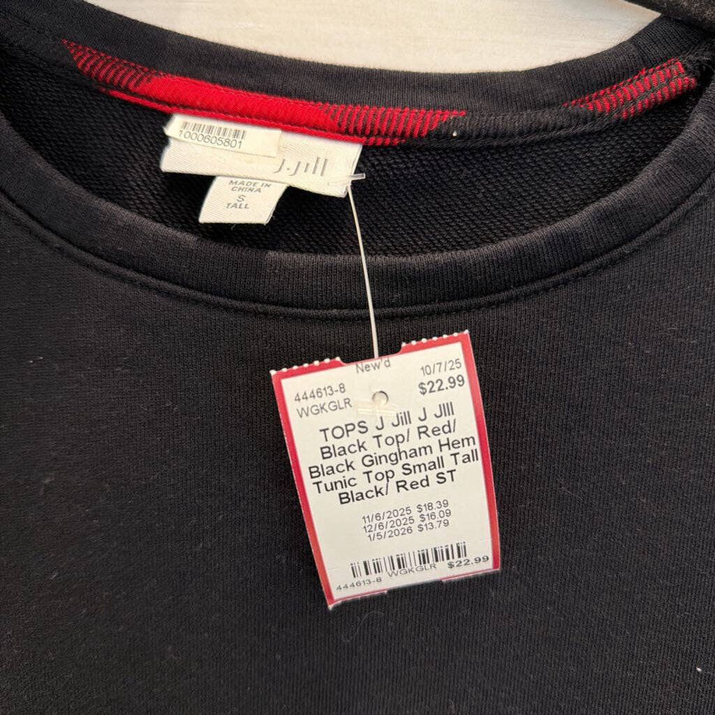 J JIll Black Top/ Red/ Black Gingham Hem Tunic Top Small Tall