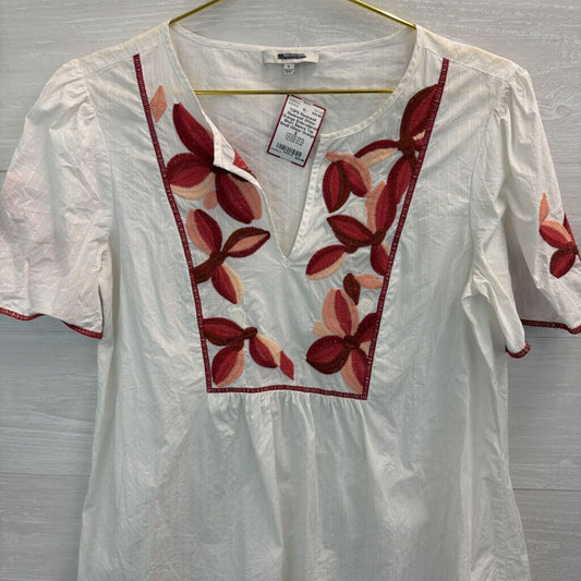 Madewell White/ Orange Embroidered Short Sleeve Top Small