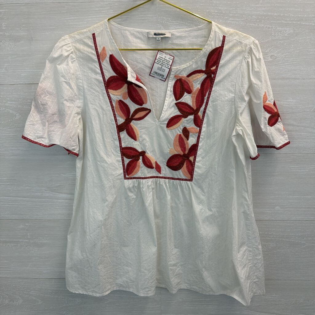 Madewell White/ Orange Embroidered Short Sleeve Top Small