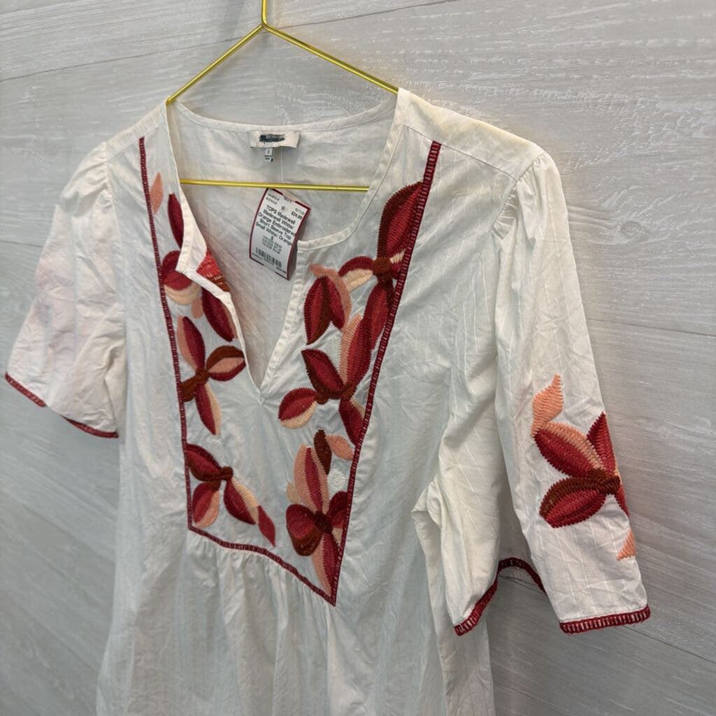 Madewell White/ Orange Embroidered Short Sleeve Top Small