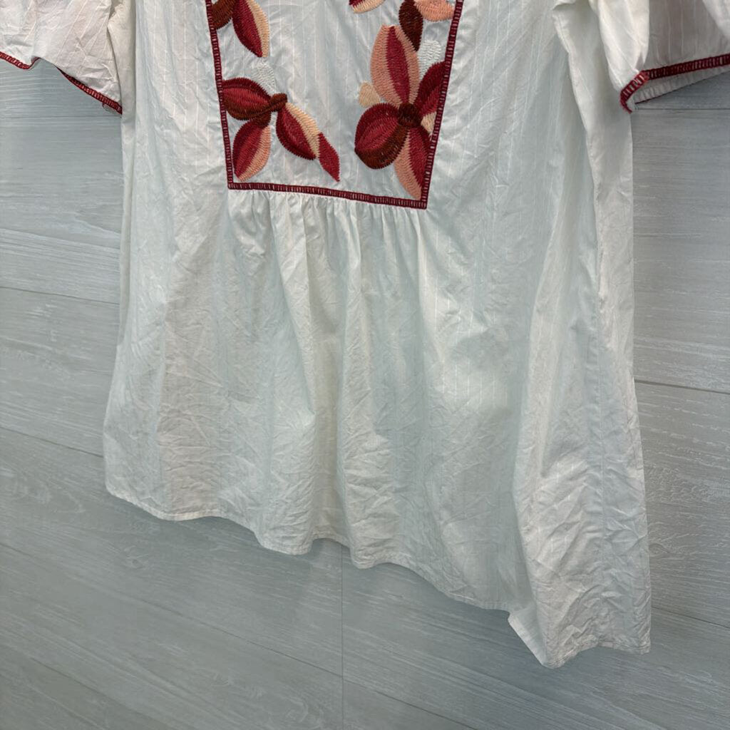 Madewell White/ Orange Embroidered Short Sleeve Top Small