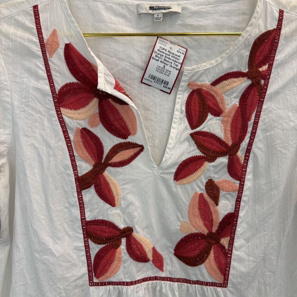 Madewell White/ Orange Embroidered Short Sleeve Top Small