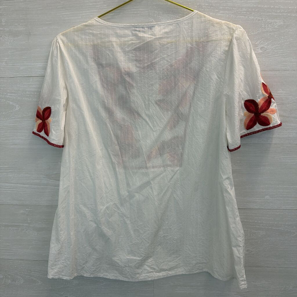 Madewell White/ Orange Embroidered Short Sleeve Top Small