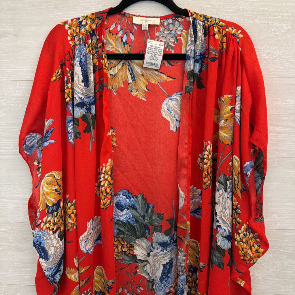 Umgee Red/ /Multi Flower Print Open Front Kimono Top XL/ 1XL