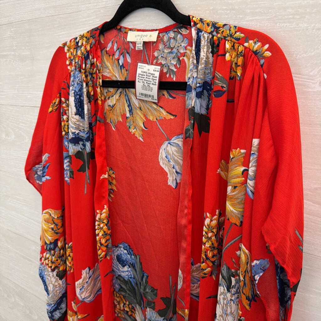 Umgee Red/ /Multi Flower Print Open Front Kimono Top XL/ 1XL