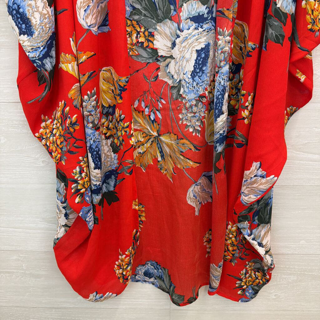 Umgee Red/ /Multi Flower Print Open Front Kimono Top XL/ 1XL