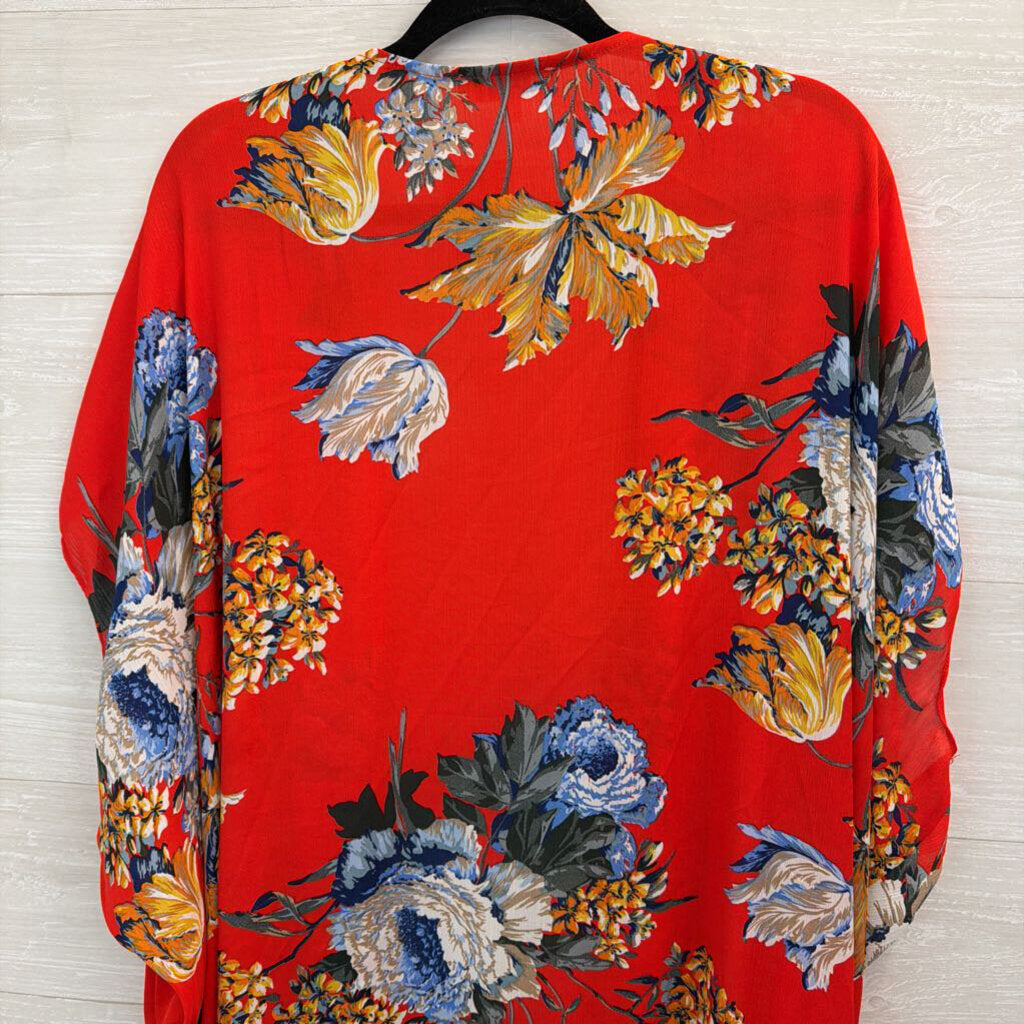 Umgee Red/ /Multi Flower Print Open Front Kimono Top XL/ 1XL