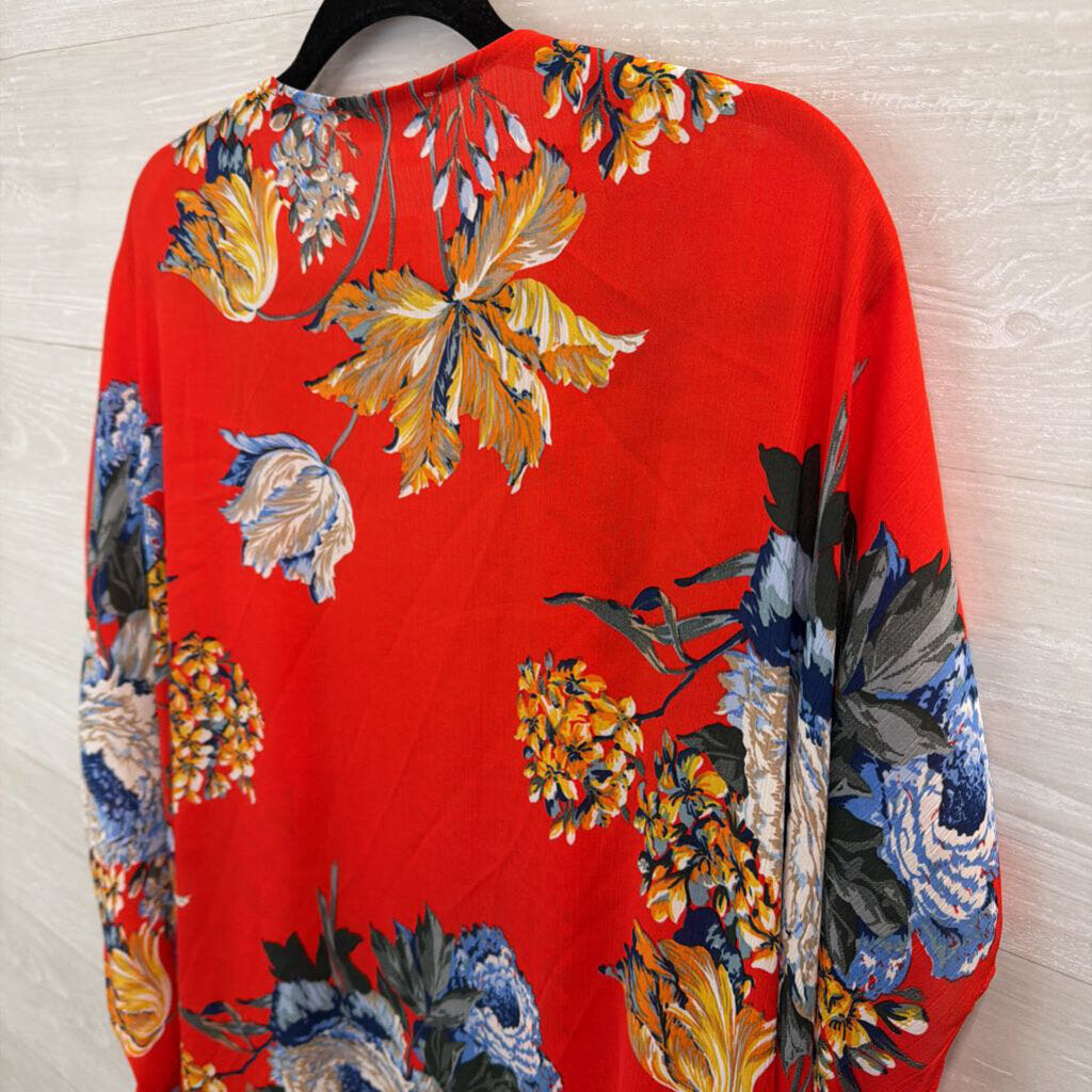 Umgee Red/ /Multi Flower Print Open Front Kimono Top XL/ 1XL