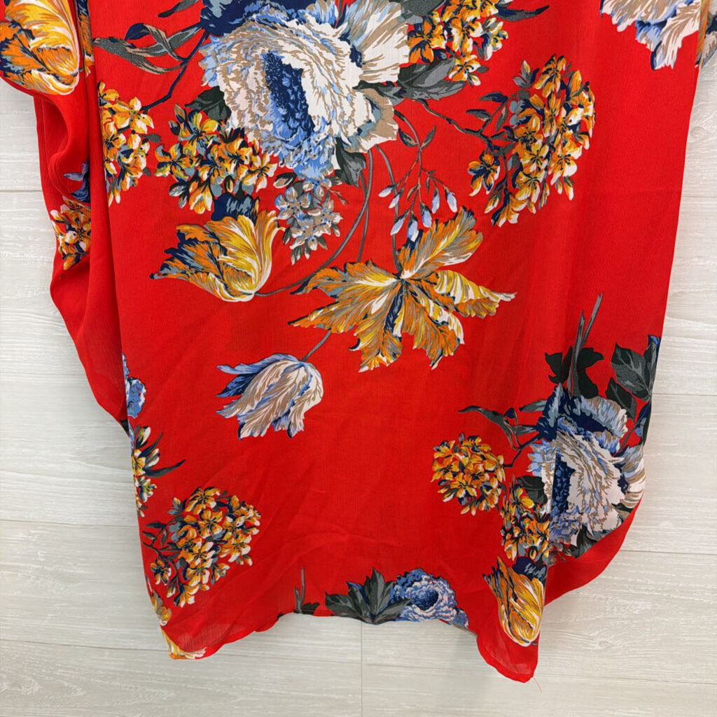 Umgee Red/ /Multi Flower Print Open Front Kimono Top XL/ 1XL