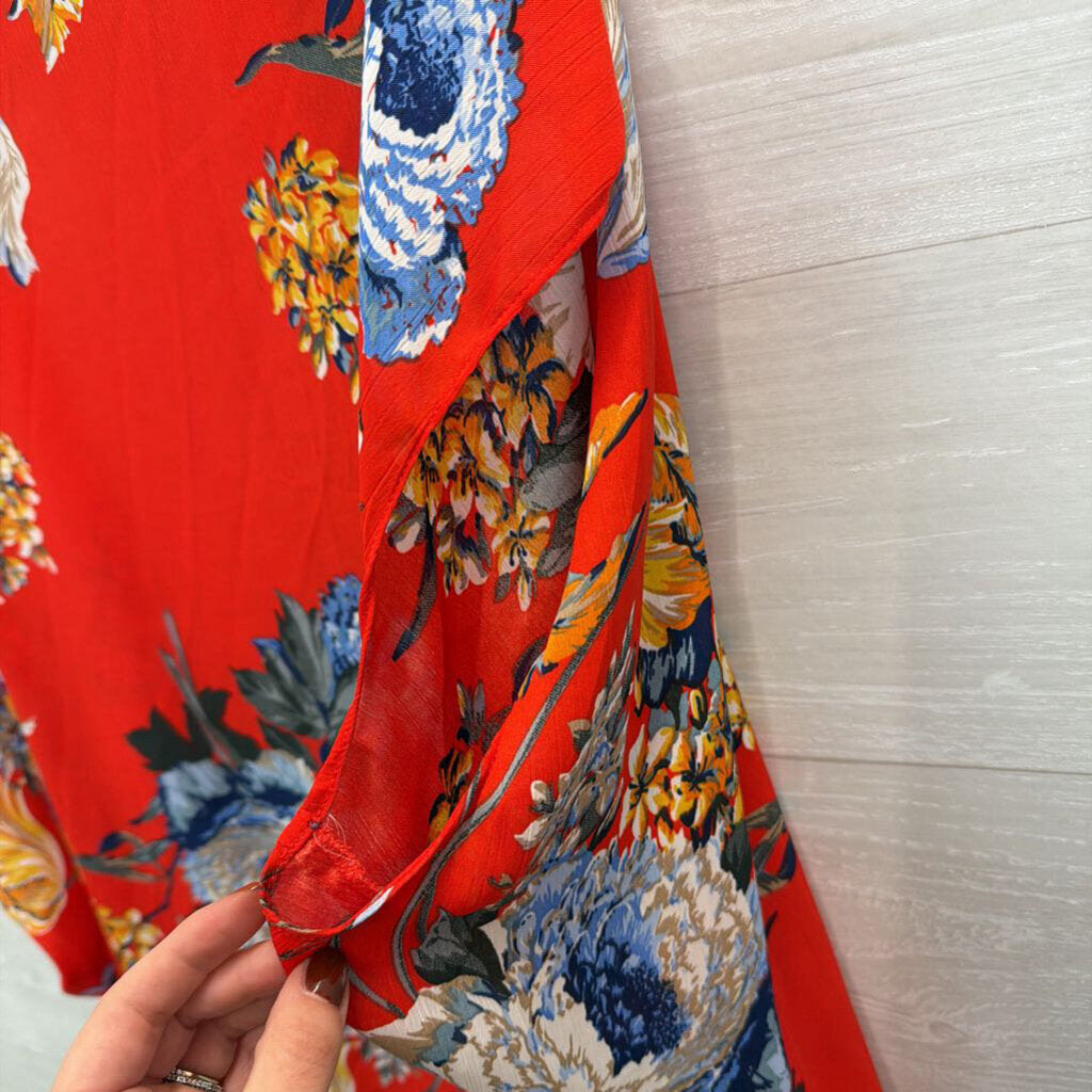 Umgee Red/ /Multi Flower Print Open Front Kimono Top XL/ 1XL