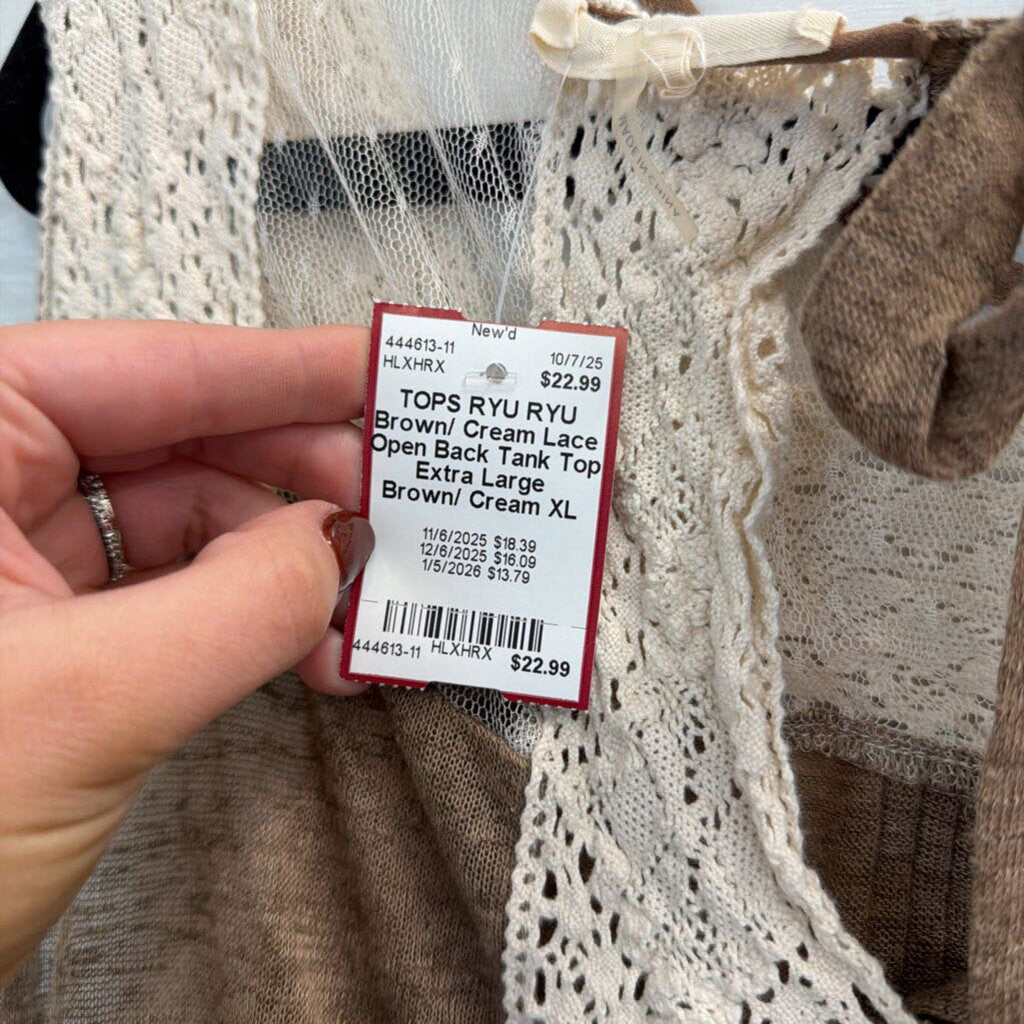 RYU Brown/ Cream Lace Open Back Tank Top Extra Large