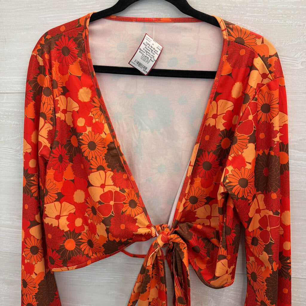 Red/ Orange Retro Flower Print Cropped Long Sleeve Tie Front Top Extra Large