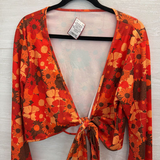 Red/ Orange Retro Flower Print Cropped Long Sleeve Tie Front Top Extra Large