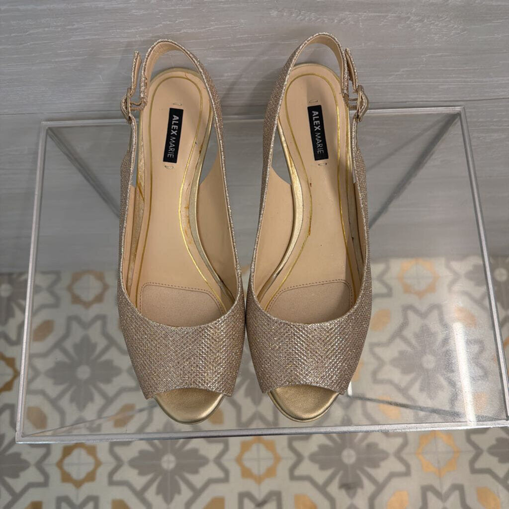 Alex Marie Gold Shimmer Peep Toe Heels 8