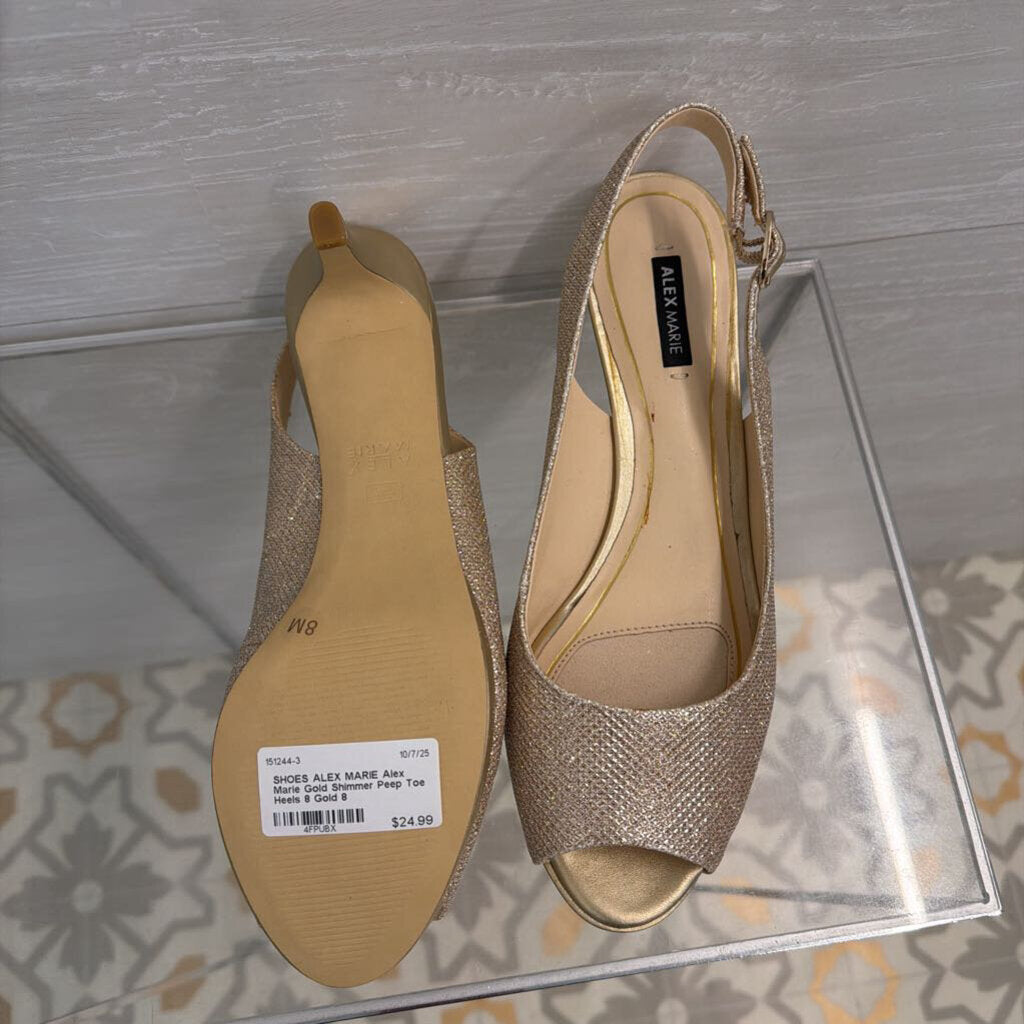 Alex Marie Gold Shimmer Peep Toe Heels 8