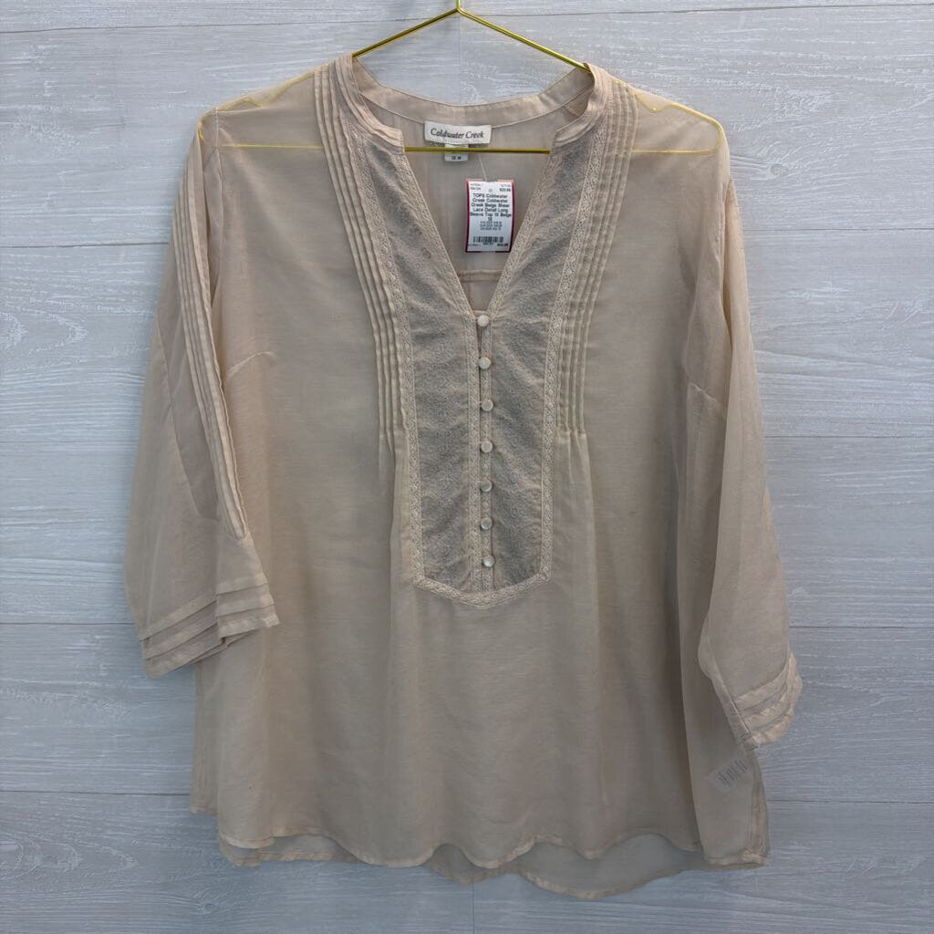 Coldwater Creek Beige Sheer Lace Detail Long Sleeve Top 1X