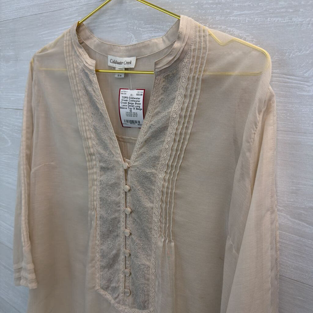 Coldwater Creek Beige Sheer Lace Detail Long Sleeve Top 1X