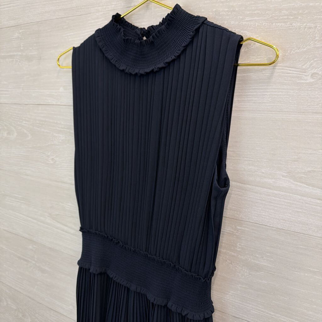 Nanette Lepore Navy Pleated Sleeveless Mock Neck Jumpsuit 10