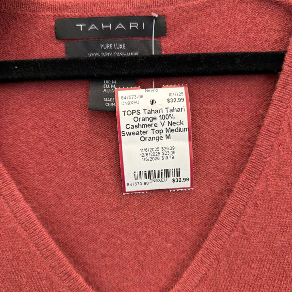 Tahari Orange 100% Cashmere V Neck Sweater Top Medium