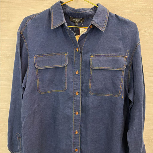 Lafayette 148 Dark Blue Chambray Long Sleeve Button Down Top Small
