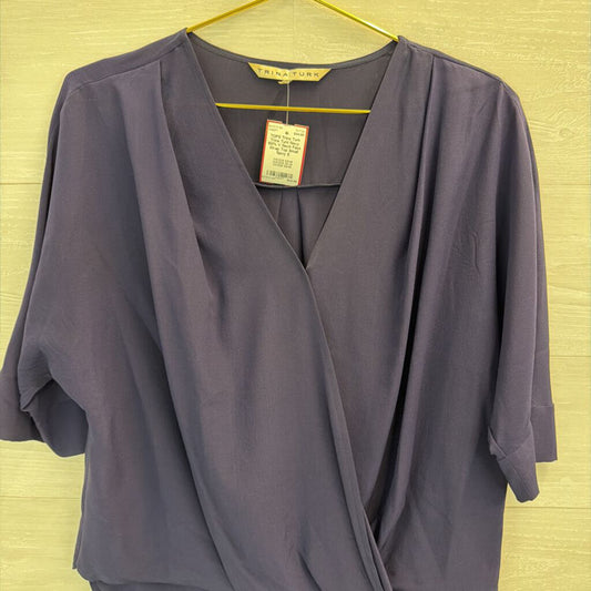 Trina Turk Navy 100% Silk V Neck Faux Wrap Top Small