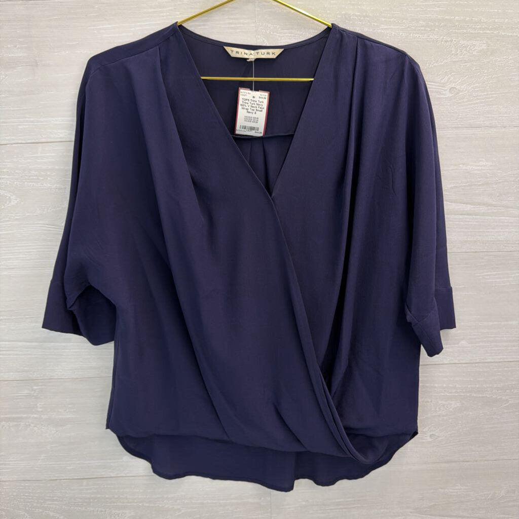 Trina Turk Navy 100% Silk V Neck Faux Wrap Top Small