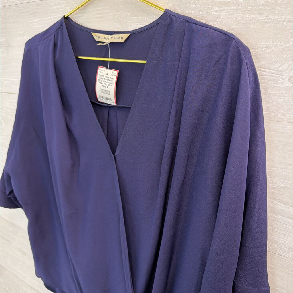 Trina Turk Navy 100% Silk V Neck Faux Wrap Top Small
