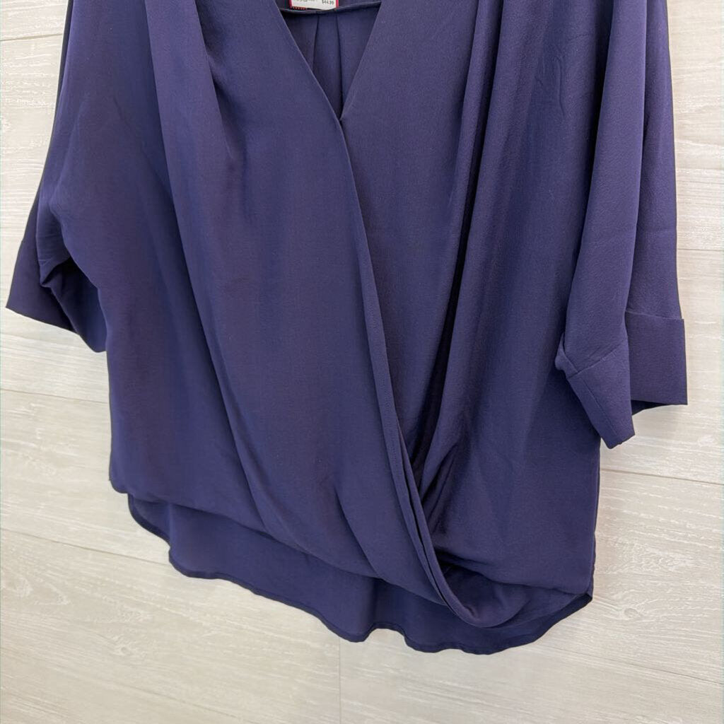 Trina Turk Navy 100% Silk V Neck Faux Wrap Top Small