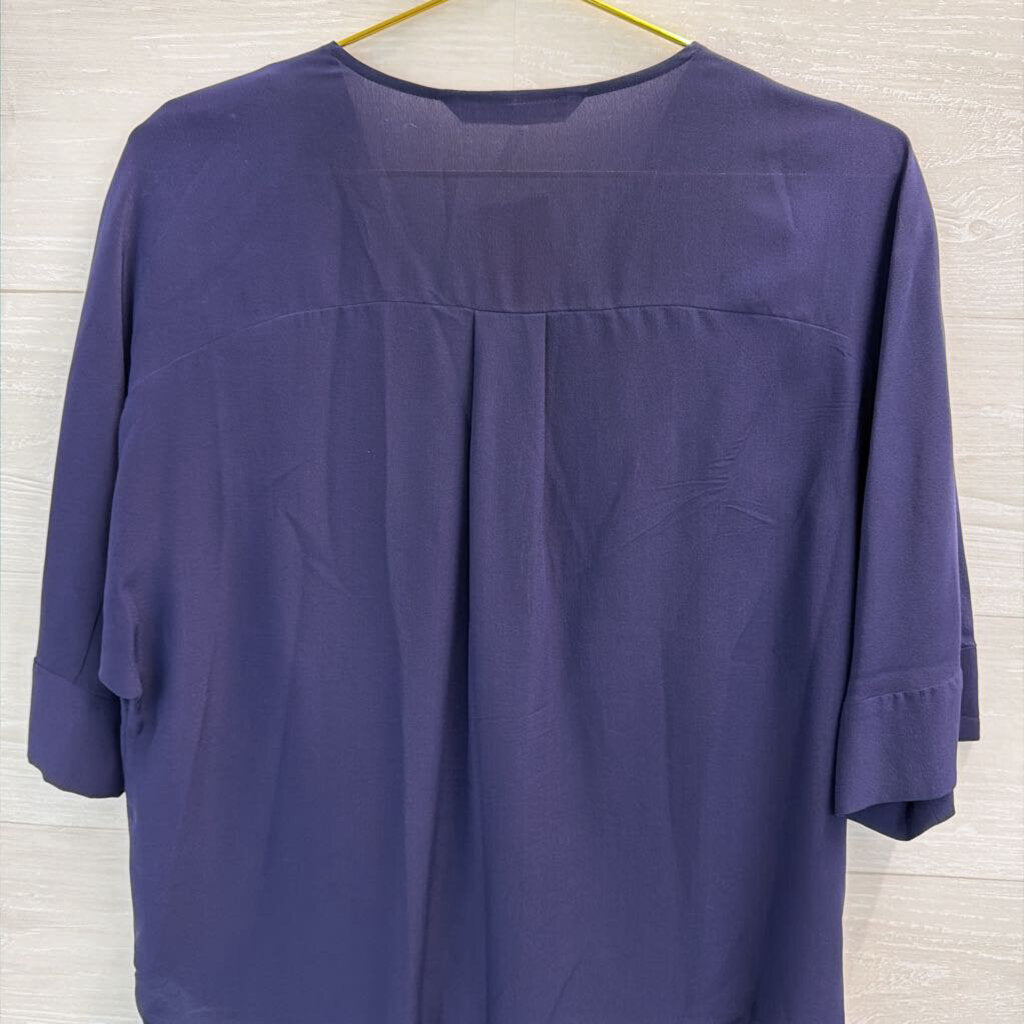 Trina Turk Navy 100% Silk V Neck Faux Wrap Top Small