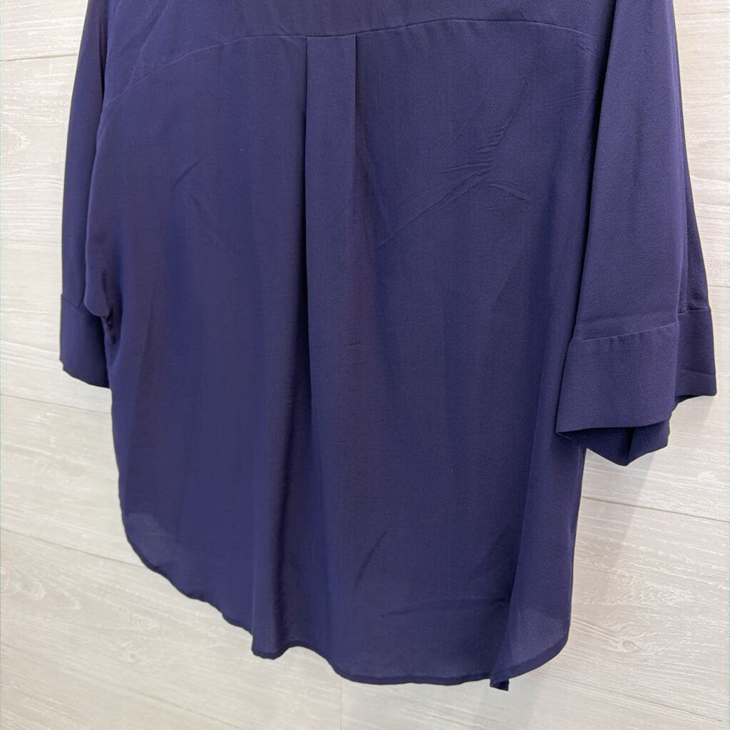 Trina Turk Navy 100% Silk V Neck Faux Wrap Top Small