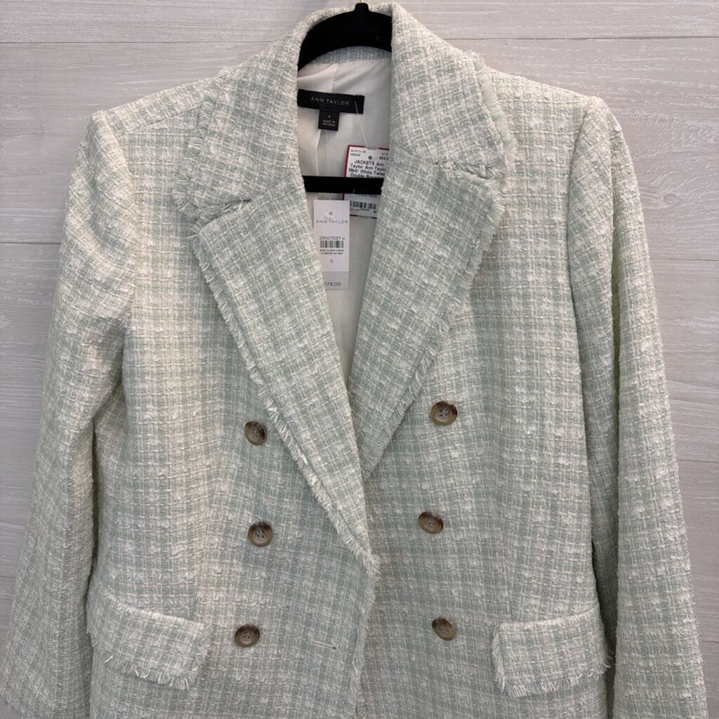 Ann Taylor Mint/ White Tweed Double Breasted Blazer Jacket 6