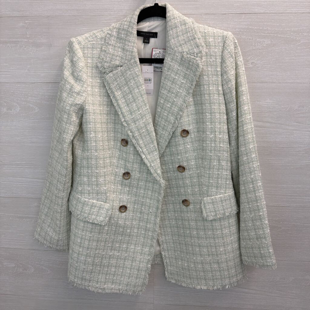 Ann Taylor Mint/ White Tweed Double Breasted Blazer Jacket 6